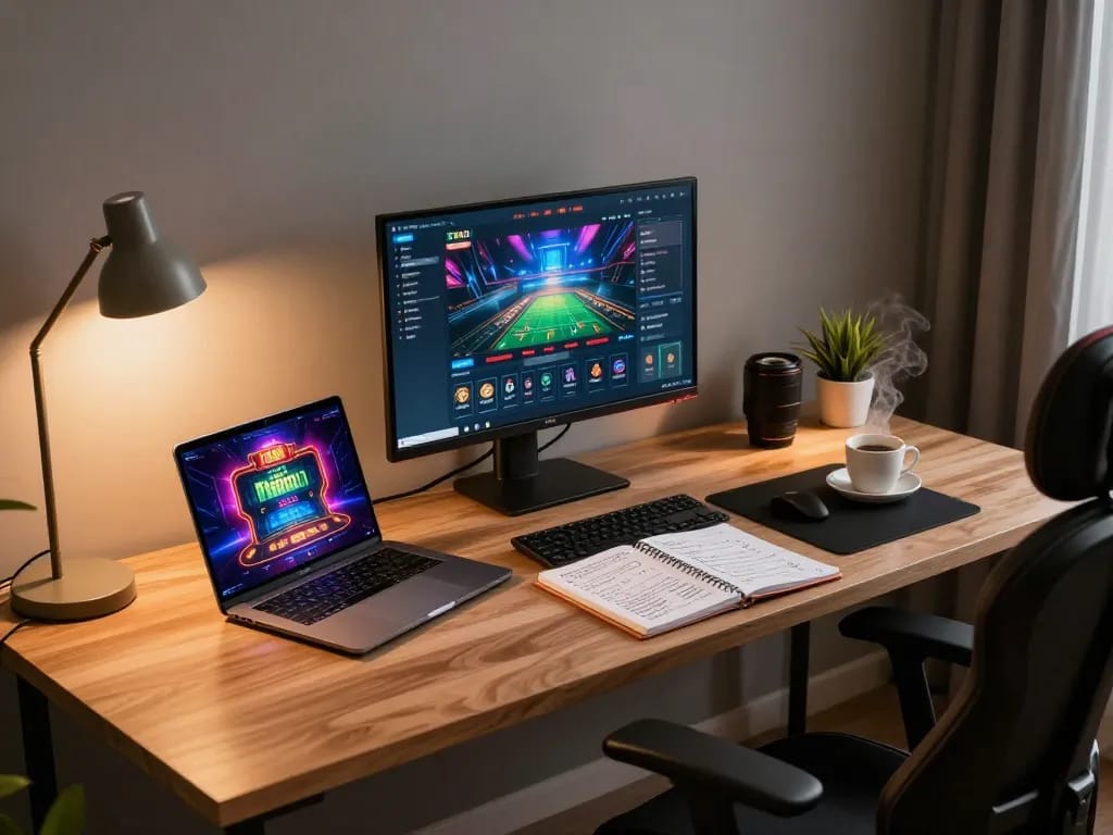 Engaged player experiencing TR88 online gaming environment with laptop and casino graphics, showcasing strategic gameplay.