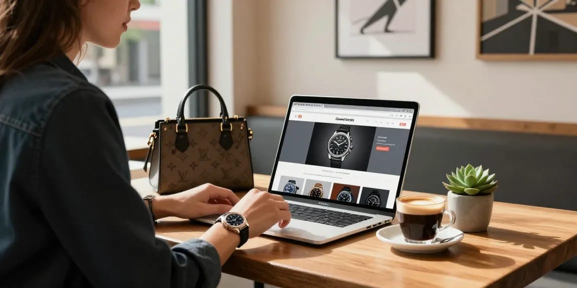 Person admiring a stylish replica watch in a trendy café setting with natural light.