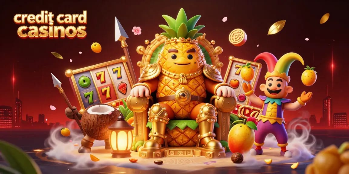 Experience top credit card casinos featuring lively characters and dynamic game elements in a vibrant scene.