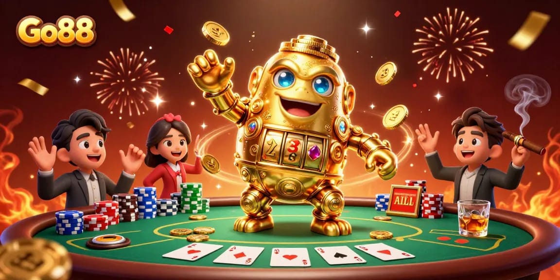 Experience thrilling gameplay at Go88 with an engaging golden golem surrounded by poker elements.