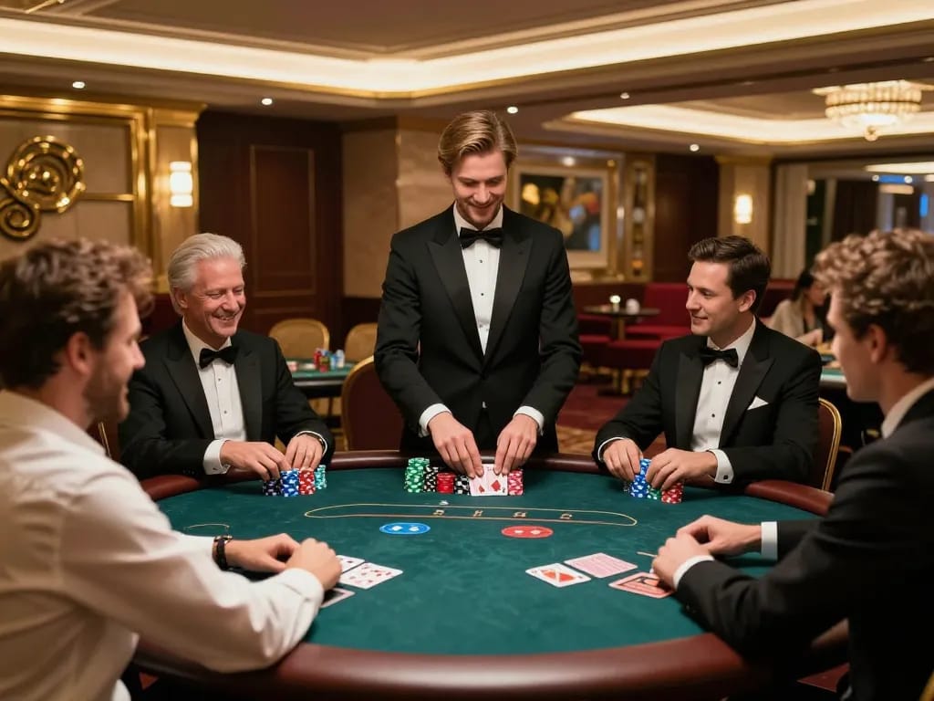 LUCKY88 poker game in a luxurious VIP area with players engaging at a stylish table.