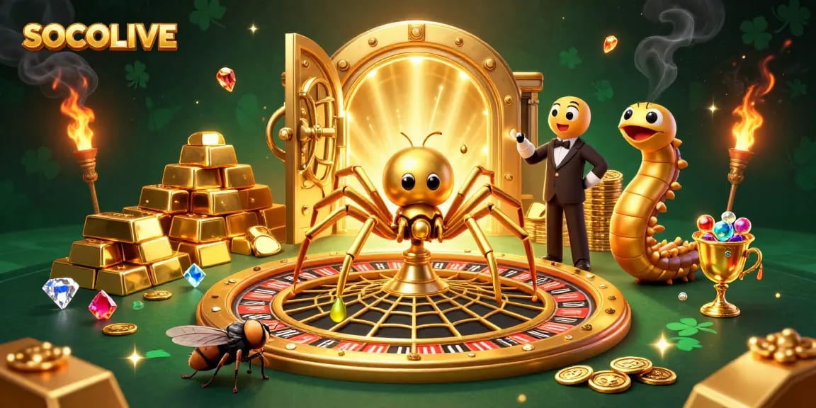 SOCOLIVE brings excitement with a golden spider and roulette in a vibrant casino setting.
