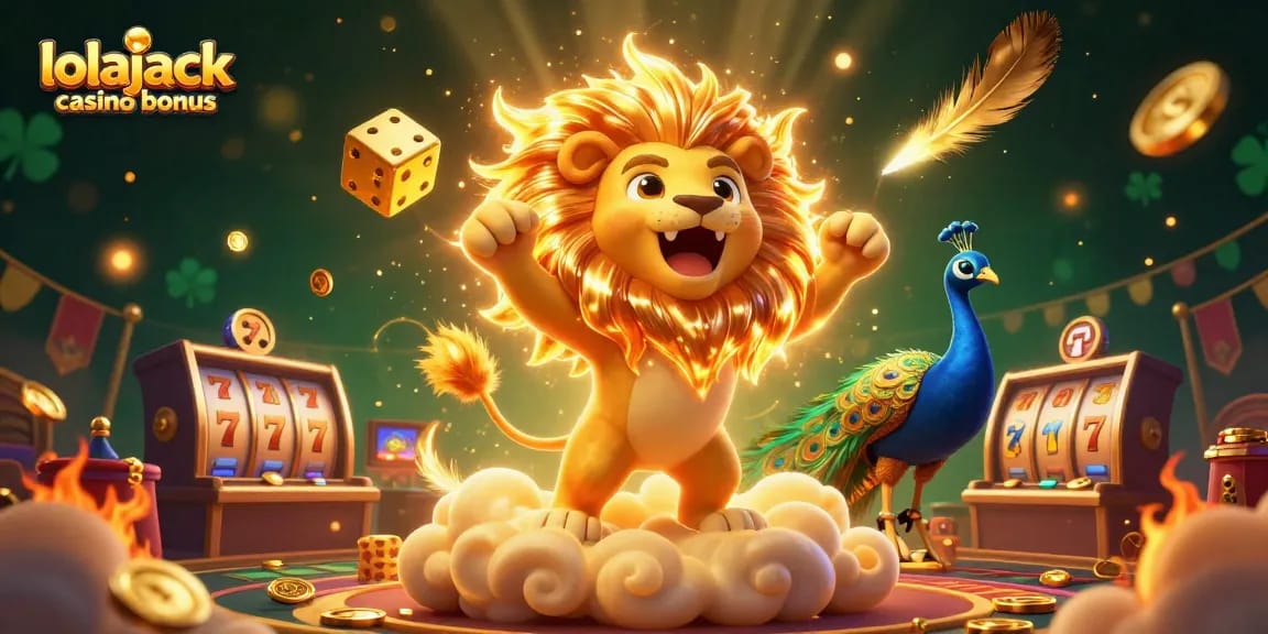Claim the exciting lolajack casino bonus with vibrant symbols and golden elements swirling around in a dynamic gaming scene.