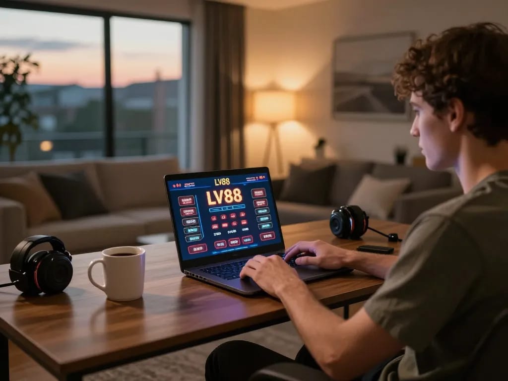 Engaging in a thrilling online casino experience with LV88 on a stylish home setup.