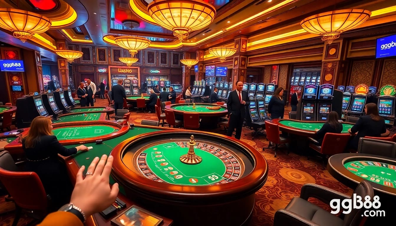 Excited players gambling at luxurious tables with gg88 com branding in a vibrant casino atmosphere.