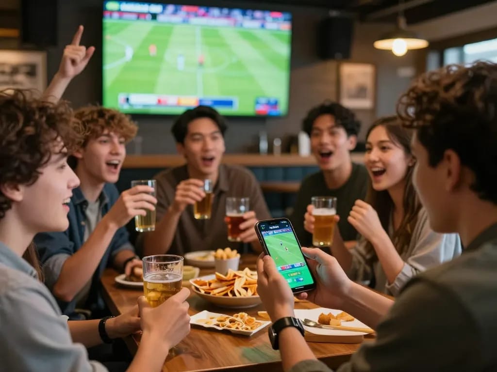 Exciting live sports betting moment with cakhia tv app in action at a social gathering.