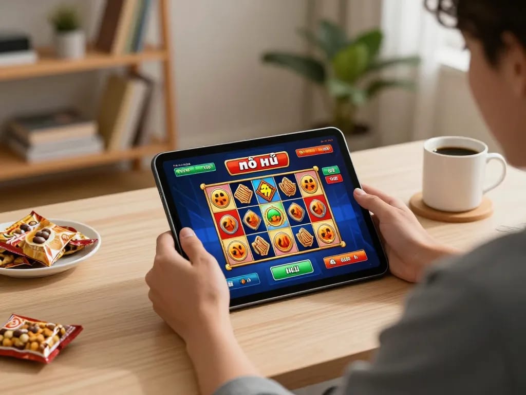 Engaging with the nổ hũ slot game on a tablet in a cozy home office setting.