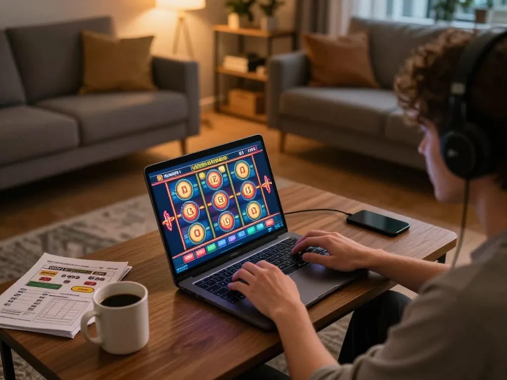 Player engaged in online slots at home using 9bets, showcasing a comfortable gaming setup.