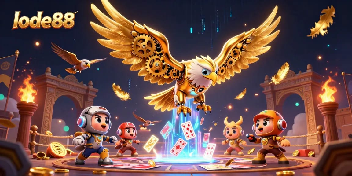Engage with lode88 by exploring a vibrant and dynamic 3D depiction of an eagle and holographic cards.