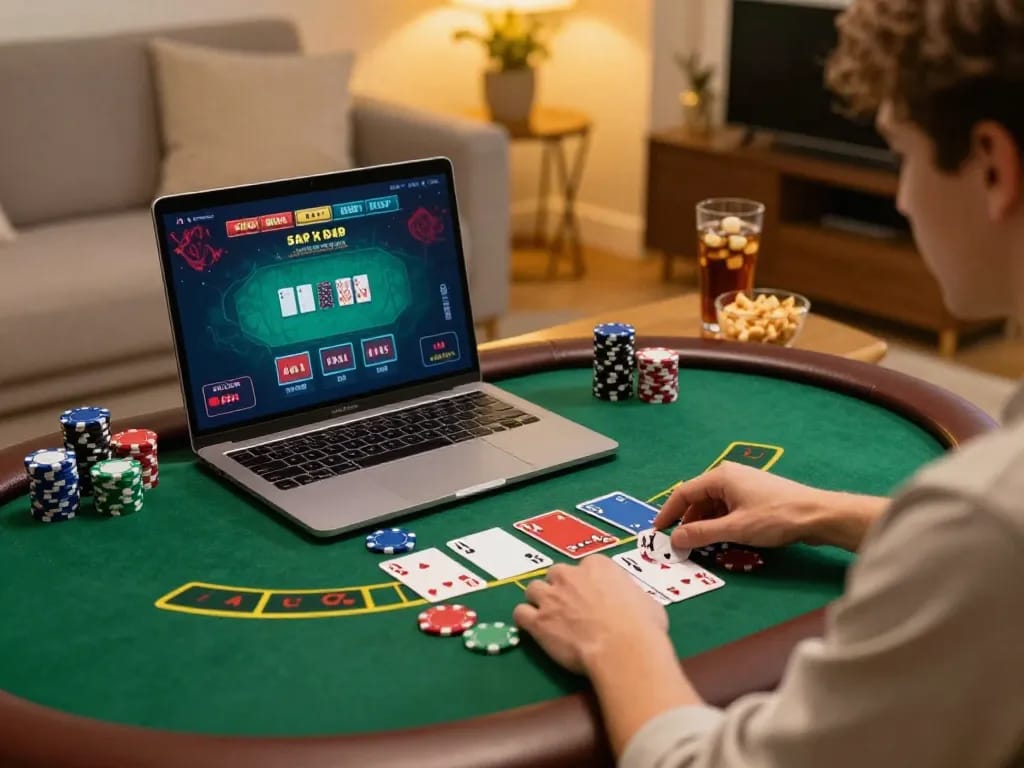 Player enjoying a live dealer blackjack game on their laptop, highlighting the excitement of xi88 online gaming.