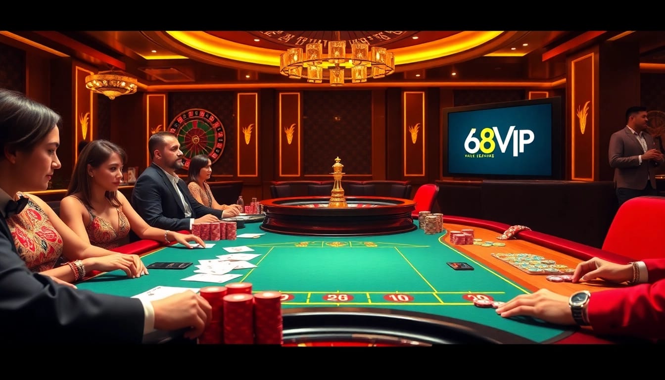 68VIP players strategizing at a vibrant casino table with chips and cards.