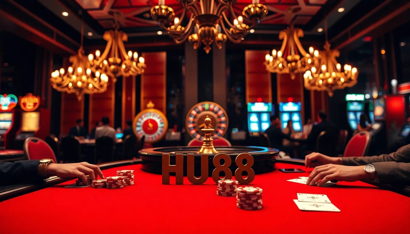 Experience the thrill of HU88 at a luxurious poker table with vibrant casino elements.