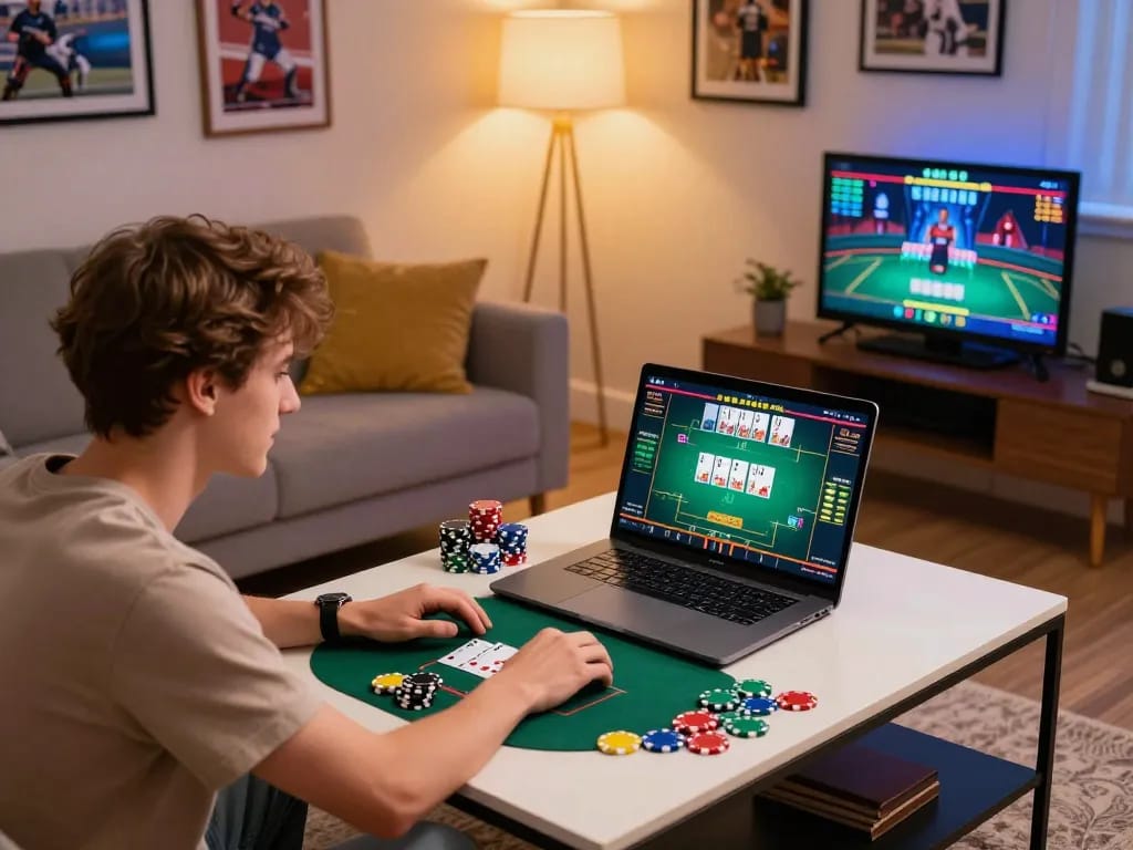 Engaged player enjoying poker at home on New PK Luck platform, vibrant chips and gaming setup.