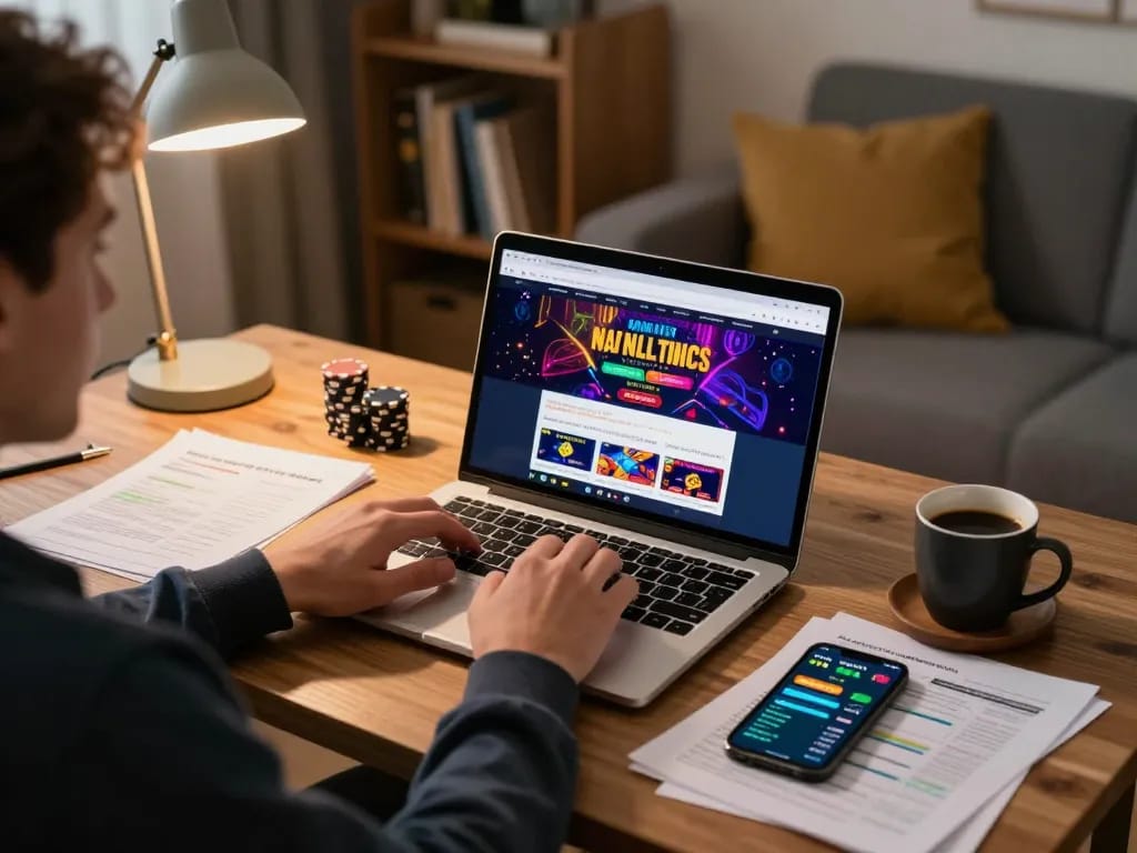 Engaging in online betting at home with DEBET platform on laptop, notes on strategies visible.