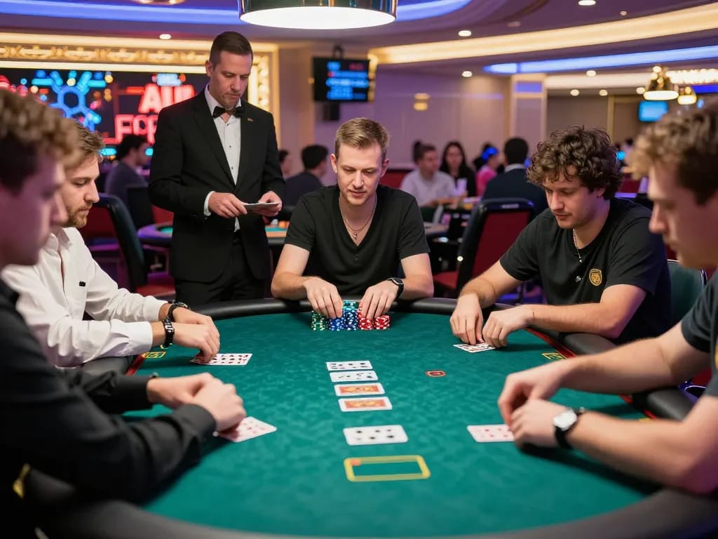 Players engage in an intense poker game at a luxurious LV88 casino table.