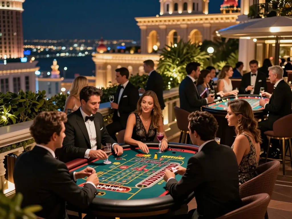 Experience the excitement at ve88's luxury rooftop casino with guests engaged in roulette.