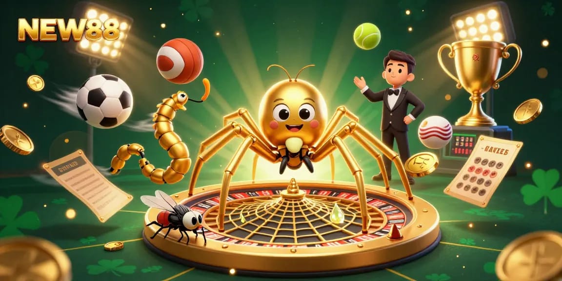 Experience exhilarating betting action at NEW88 with a dynamic casino illustration featuring vibrant games.