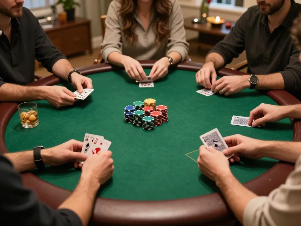 Players enjoying poker night with qq88 strategy cards and chips at a premium home setting.