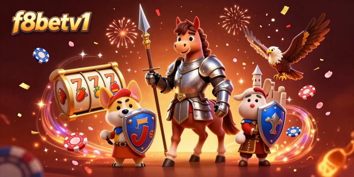 Engage with f8betv1's vibrant casino scene featuring a knight, squire puppy, and falcon amidst slots and festive elements.