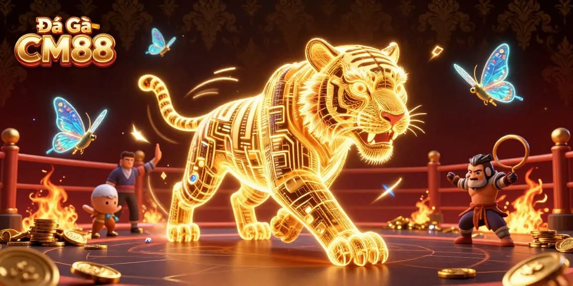 Experience the thrill of Đá Gà CM88 in a vibrant, dynamic cockfighting arena, with golden tiger energy and excitement.