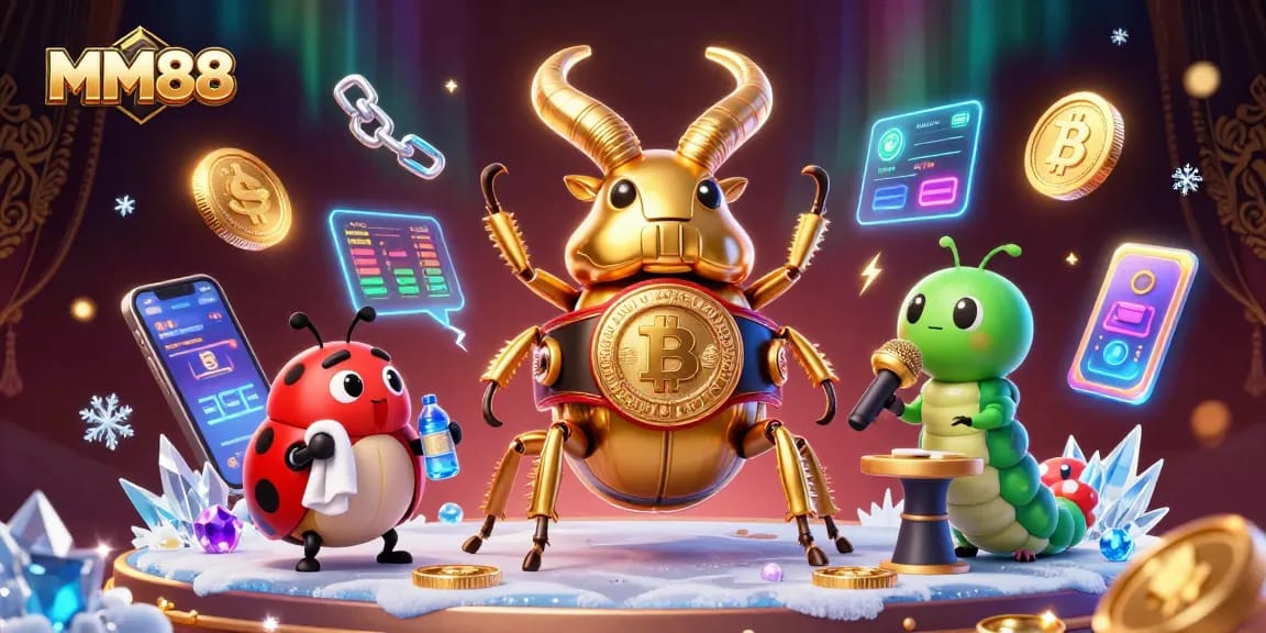 Experience MM88 dynamic gaming action with vibrant 3D casino characters amidst cryptocurrency elements.