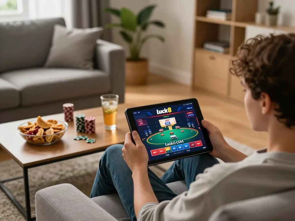 Engaging in online poker at Luck8 com from the comfort of home, showcasing a cozy gaming setup.