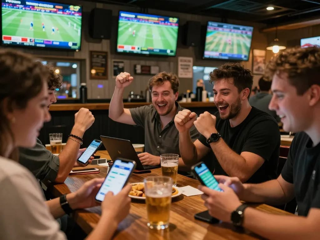 Fans engaged in sports betting on vk88 app, celebrating wins in vibrant sports bar environment