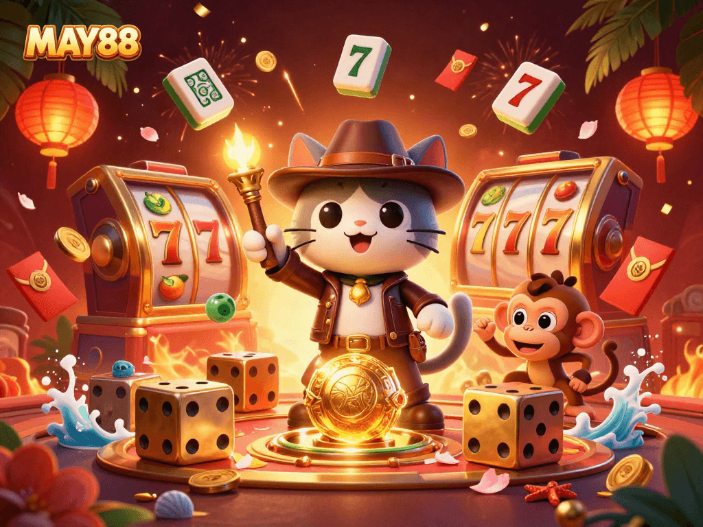 MAY88 spins slot reels with a treasure-hunting cat and monkey sidekick, showcasing vibrant casino excitement.