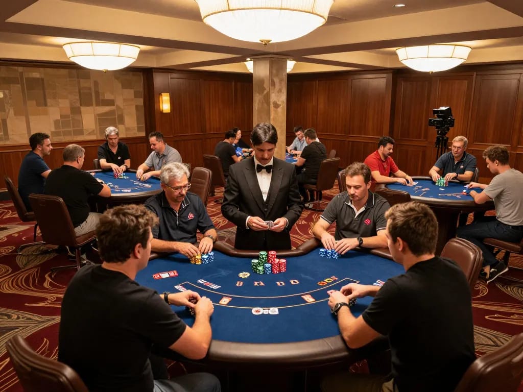 Engaging poker players enjoying a game at KKWIN casino under warm lighting