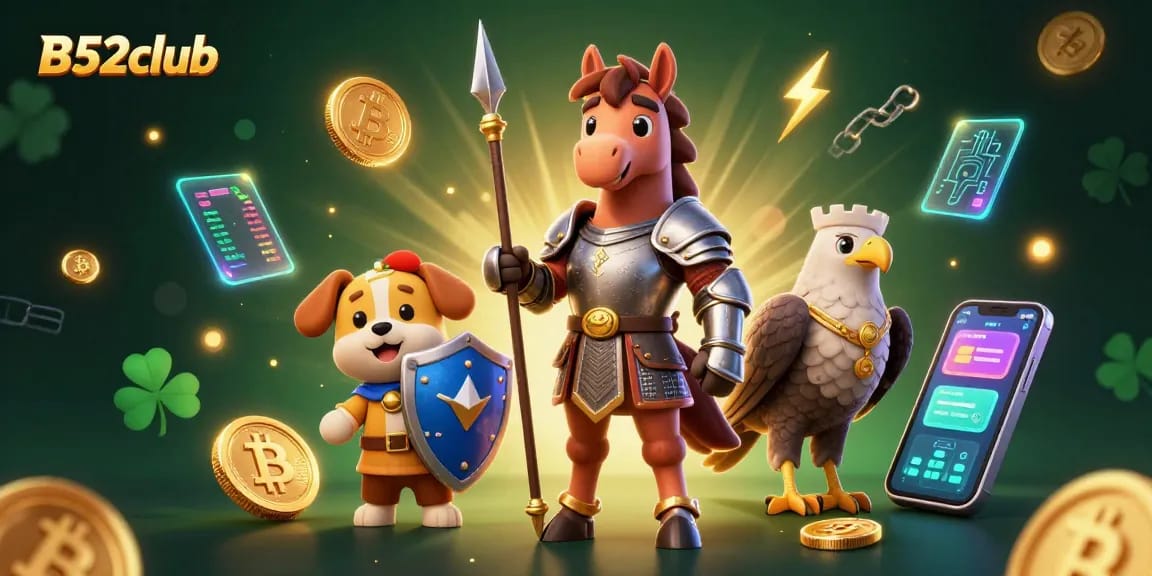 B52club offers thrilling gaming options with a medieval knight and puppy in a vibrant casino-themed illustration.