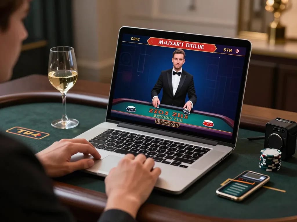 Player enjoying a live dealer game on RR99 website with a stylish laptop in a cozy environment