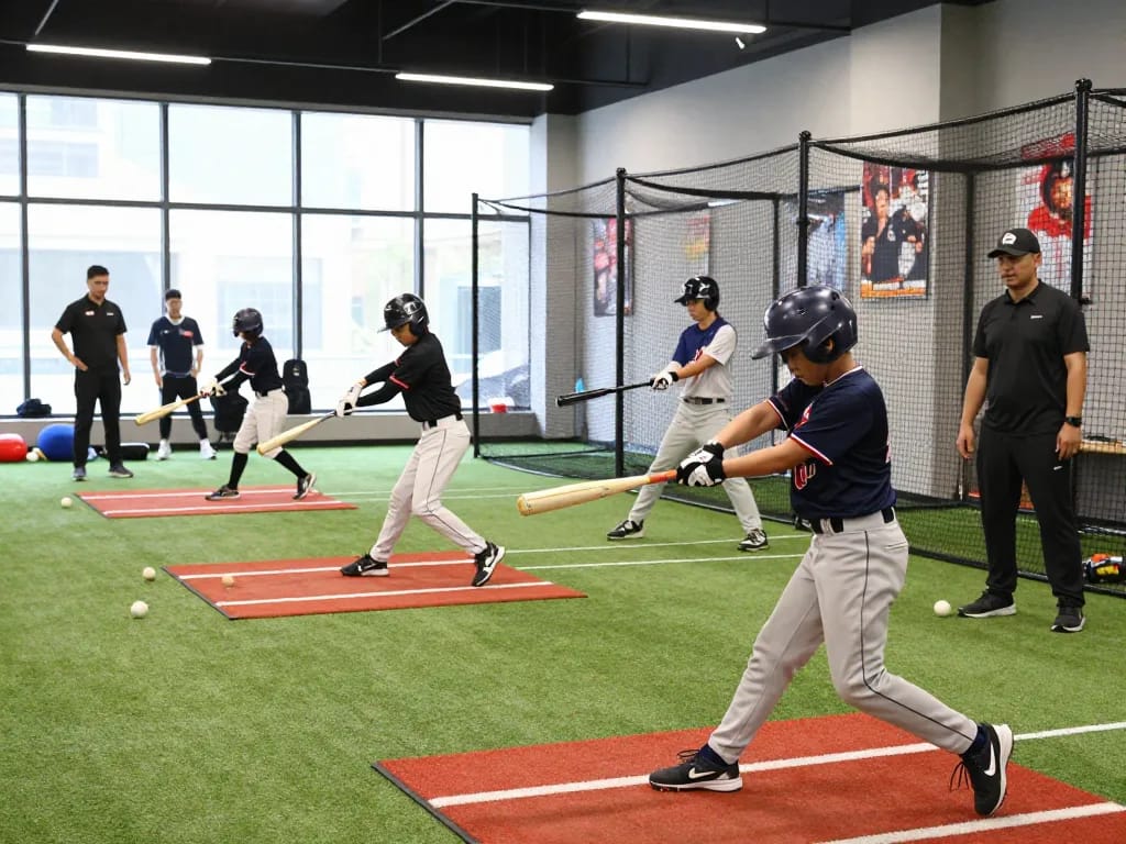 Young athletes training at hitclub's modern batting cages, showcasing skill, teamwork, and a vibrant sports environment.