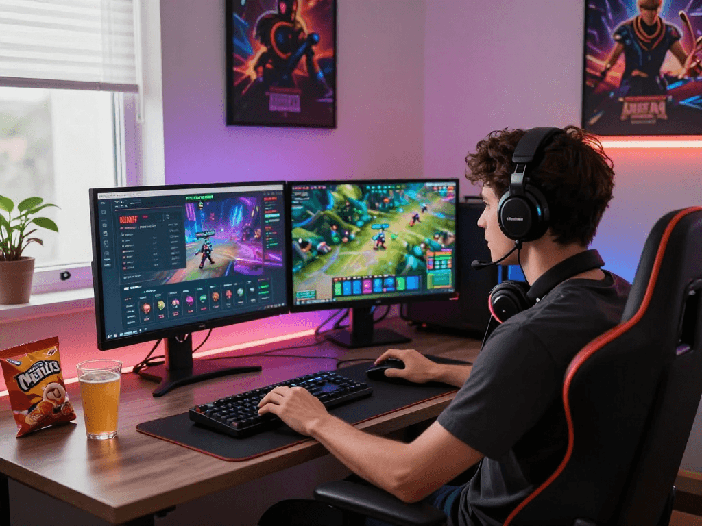 KOMBET168 online gaming setup with dual monitors in a vibrant home office
