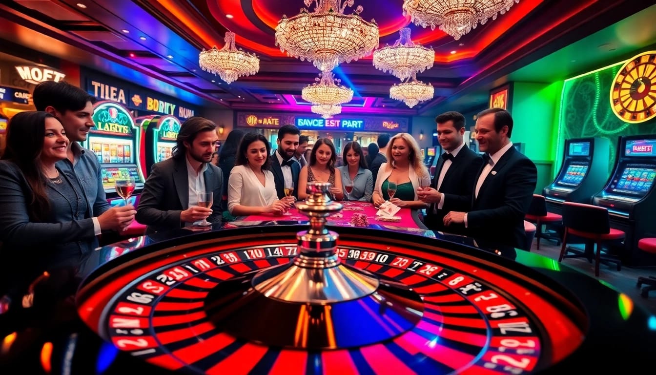 Experience the thrill of BDTK1 gambling in a vibrant casino scene with roulette, cards, and players.