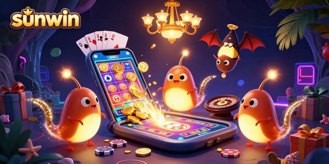 Spin and win with sunwin's colorful slot games in a lively cave casino scene.