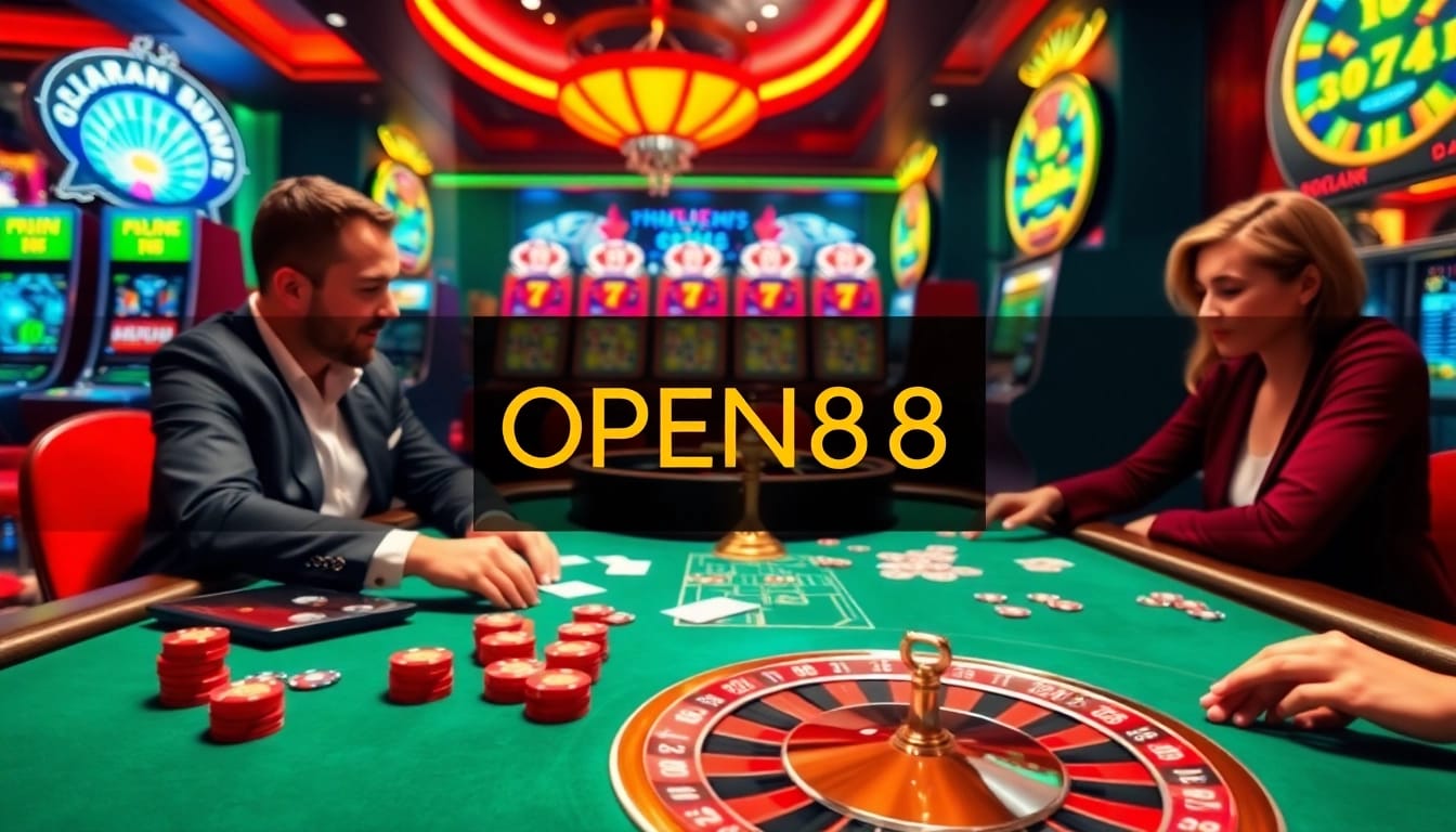 Players strategize at the poker table in OPEN88 casino, surrounded by vibrant gaming action.