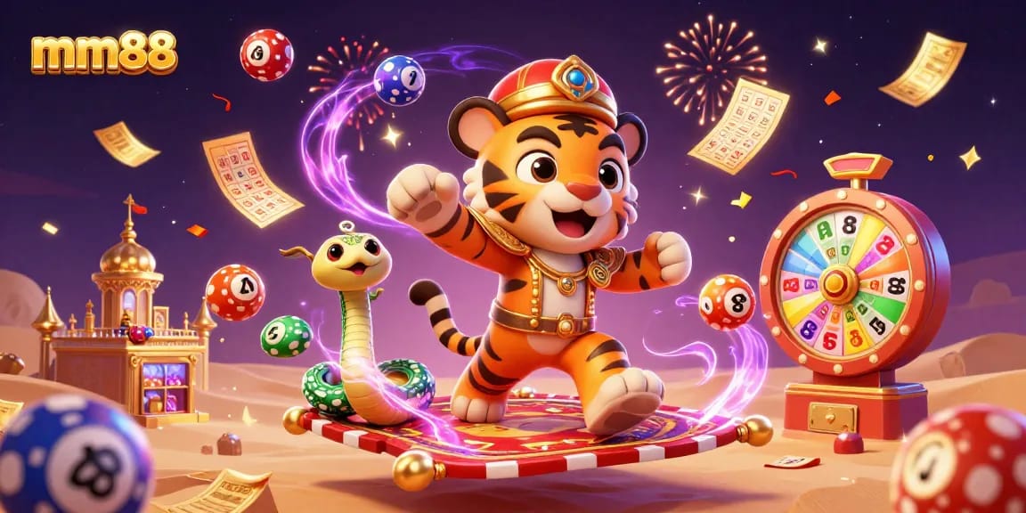 Catch winning moments at mm88 with a dynamic scene of a tiger sultan and magical elements.