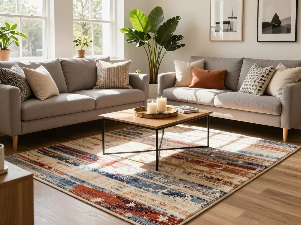 Stylish living room showcasing affordable carpets London with warm sunlight and inviting decor.