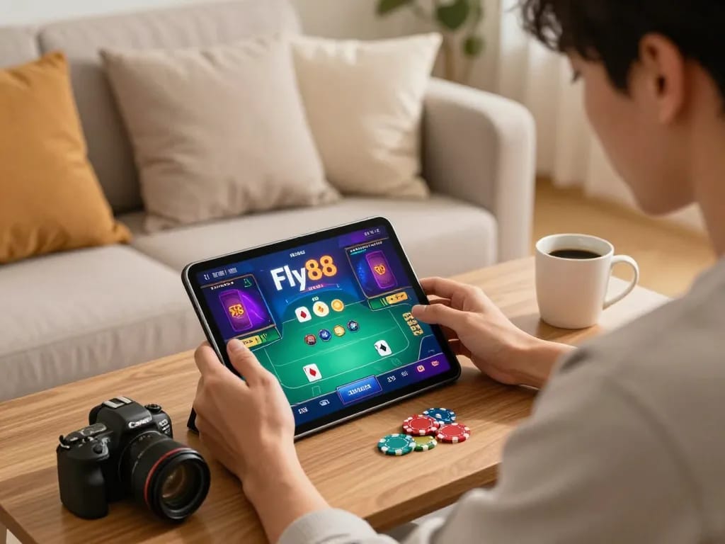 Engaging online poker gameplay on Fly88 tablet in cozy home setting