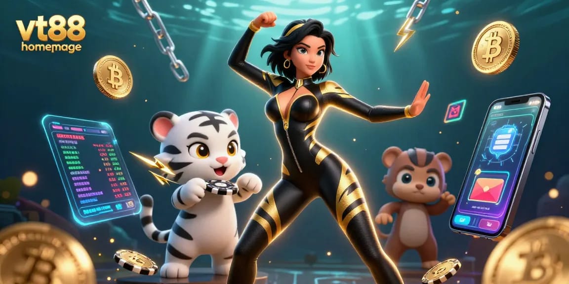 Engage in gaming on the vt88 homepage with vibrant visuals of a woman, tiger, and crypto elements.