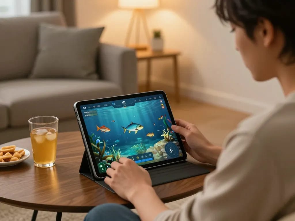 Engaging in game bắn cá đổi thưởng on a tablet, showcasing focus and strategy.