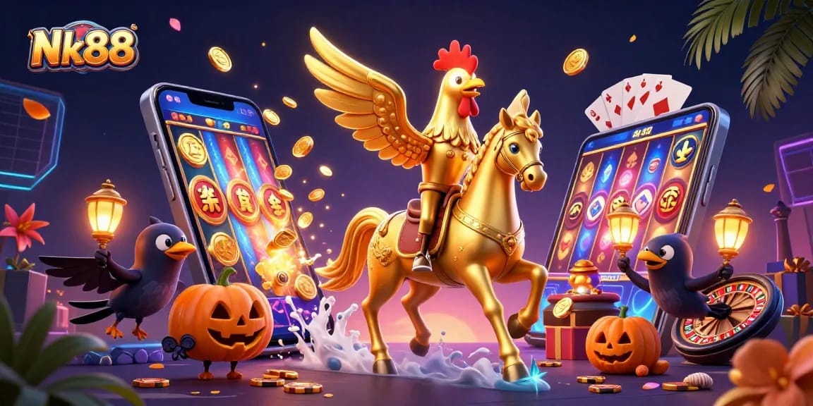 Engage with thrilling games at Nk88, featuring a golden rooster in a vibrant casino setting with gaming elements.
