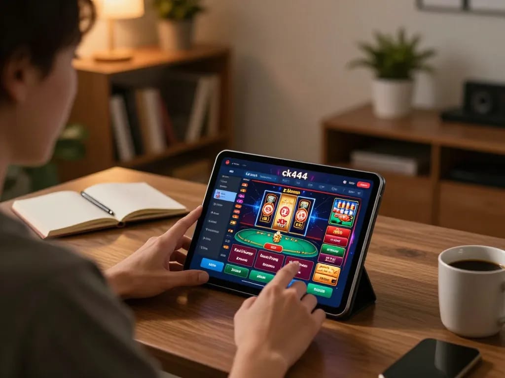 Using ck444 login to access online casino games on a tablet in a cozy home setting.