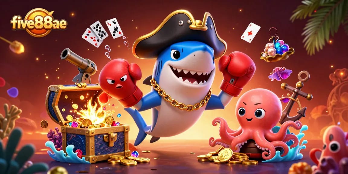 Experience the excitement of five88ae with a vibrant underwater casino illustration featuring thrilling characters and elements.