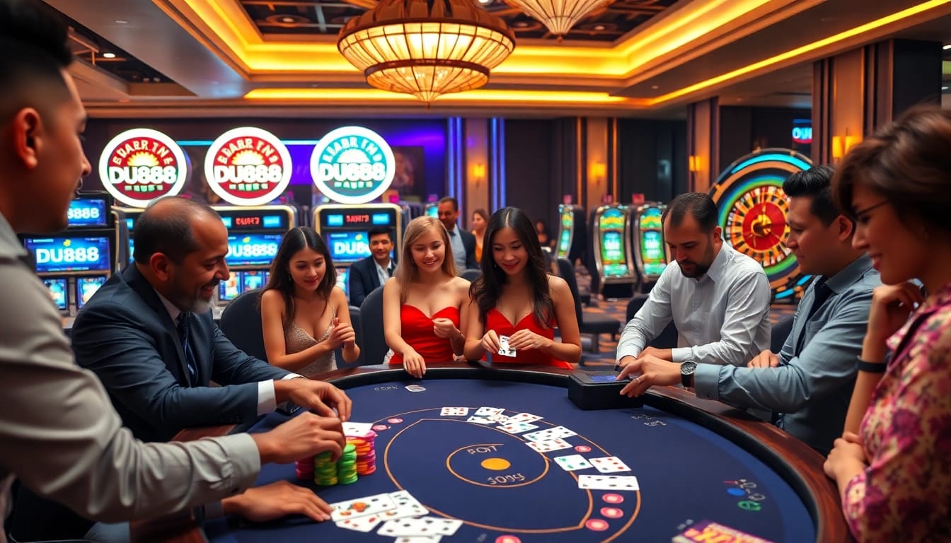 Players at a casino engage in exciting games, featuring the DU888 table in a vibrant atmosphere.