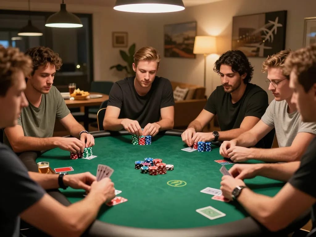 Friends enjoying a lively poker night at home, showcasing strategic gameplay and entertainment at GO8.
