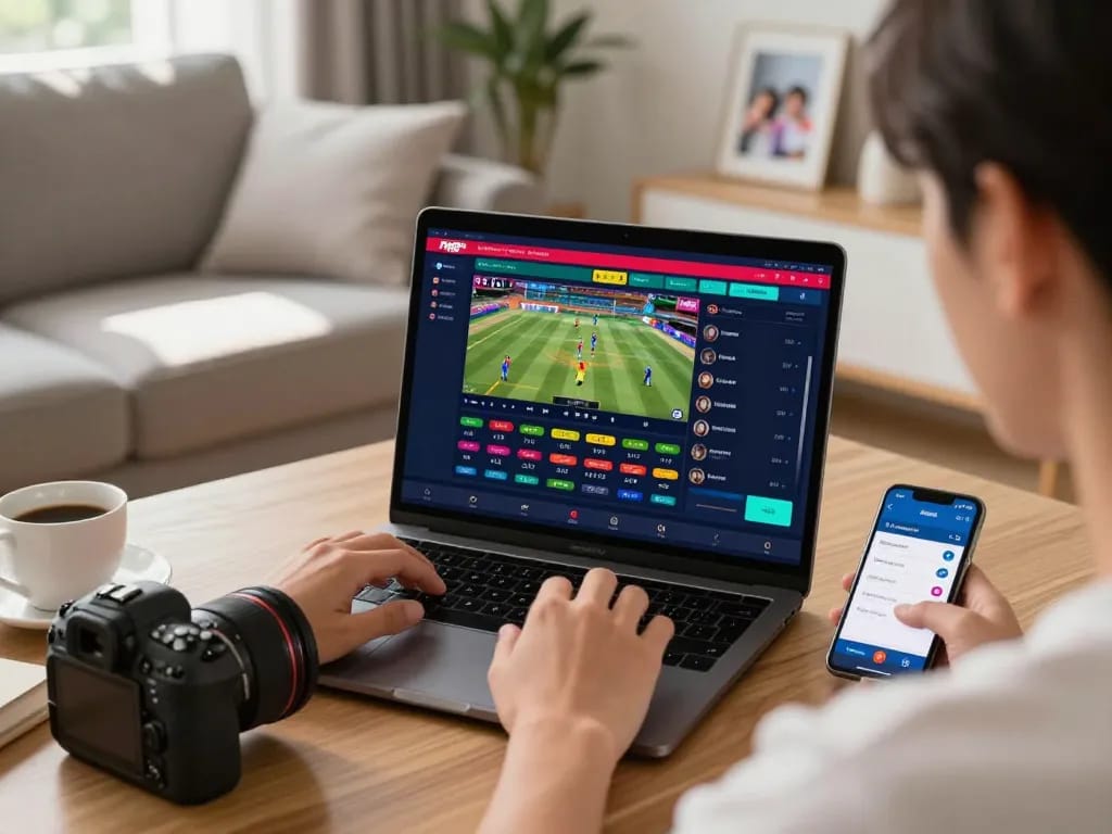 Engaged bettor using tip88 for live sports betting on their laptop in a cozy living room setting