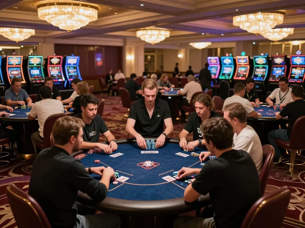 Engaged players at a sky88 poker tournament, showcasing intense gameplay and vibrant casino atmosphere.