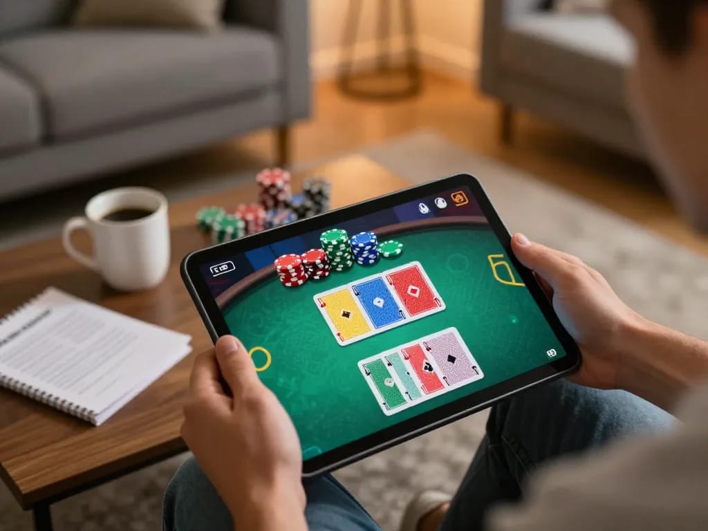 Player engaging in online poker at home with KU3933, showcasing vibrant game interface and strategy notes.