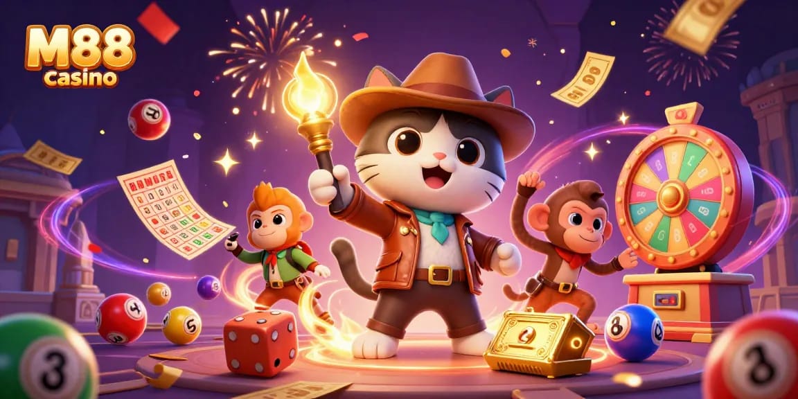 M88 casino illustration of an explorer cat uncovering golden artifacts, set in a vibrant casino theme.